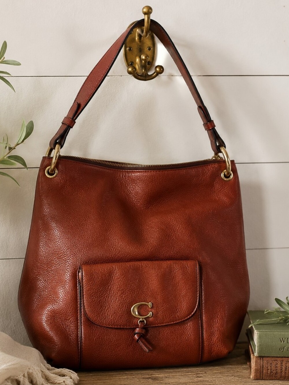 Coach 1391 Cognac Pebbled Leather Hobo Bag Gold Hardware Zip Top Shoulder Purse